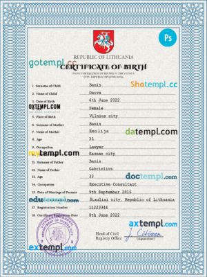 editable template, Lithuania vital record birth certificate PSD template