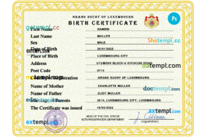 editable template, Luxembourg vital record birth certificate PSD template