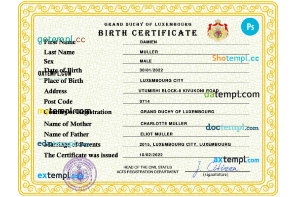 editable template, Luxembourg vital record birth certificate PSD template