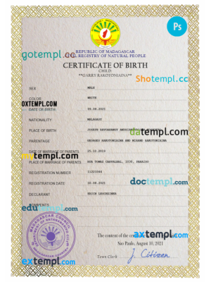editable template, Madagascar birth certificate PSD template, completely editable