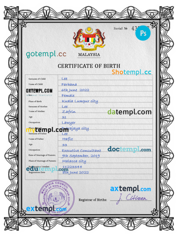 editable template, Malaysia vital record birth certificate PSD template, fully editable