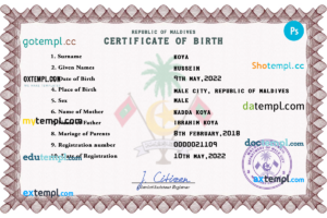 editable template, Maldives vital record birth certificate PSD template, fully editable