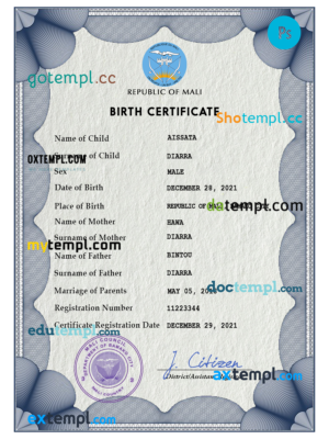 editable template, Mali birth certificate PSD template, completely editable