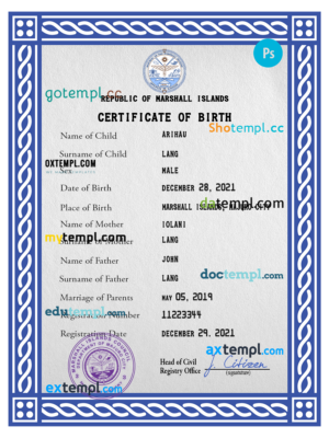 editable template, Marshall Islands vital record birth certificate PSD template, fully editable