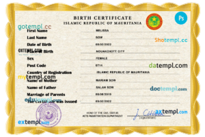 editable template, Mauritania birth certificate PSD template, completely editable