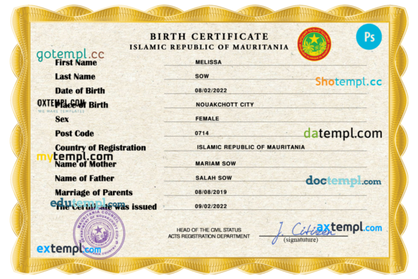 editable template, Mauritania birth certificate PSD template, completely editable