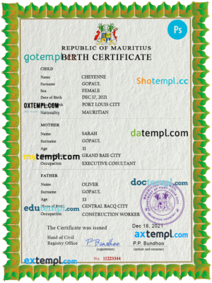 editable template, Mauritius vital record birth certificate PSD template
