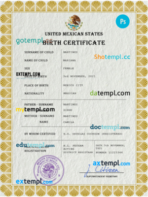 editable template, Mexico vital record birth certificate PSD template, fully editable