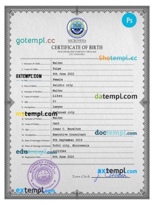 editable template, Micronesia birth certificate PSD template, completely editable