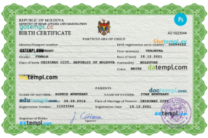 editable template, Moldova vital record birth certificate PSD template