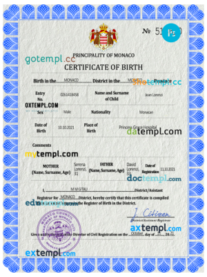 editable template, Monaco vital record birth certificate PSD template, fully editable