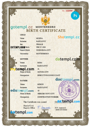 editable template, Montenegro vital record birth certificate PSD template