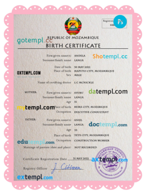 editable template, Mozambique birth certificate PSD template, completely editable
