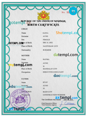 editable template, Myanmar vital record birth certificate PSD template