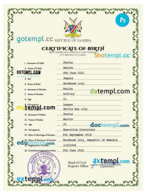 editable template, Namibia vital record birth certificate PSD template, fully editable