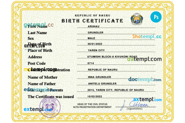 editable template, Nauru birth certificate PSD template, completely editable