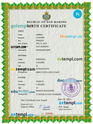 editable template, San Marino birth certificate PSD template, completely editable