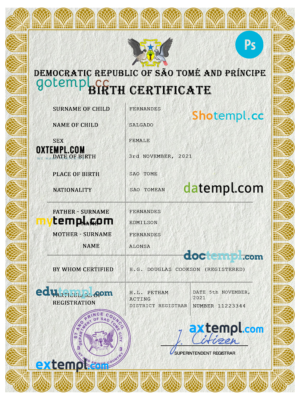 editable template, Sao Tome and Principe vital record birth certificate PSD template, fully editable