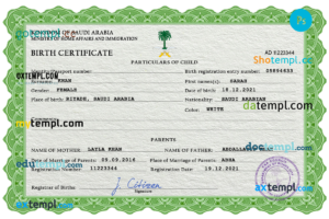 editable template, Saudi Arabia vital record birth certificate PSD template