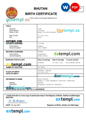editable template, Bhutan vital record birth certificate Word and PDF template, completely editable