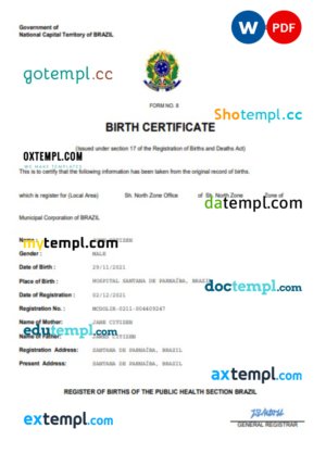 editable template, Brazil vital record birth certificate Word and PDF template, completely editable