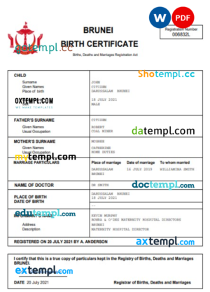 editable template, Brunei vital record birth certificate Word and PDF template