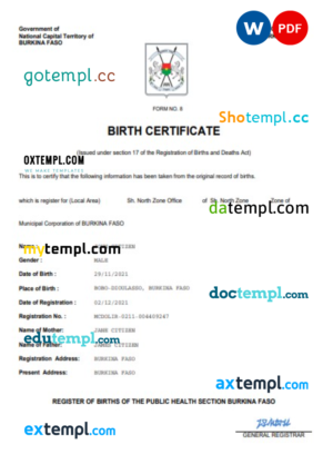 editable template, Burkina Faso birth certificate Word and PDF template, completely editable