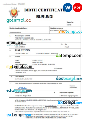 editable template, Burundi vital record birth certificate Word and PDF template, completely editable