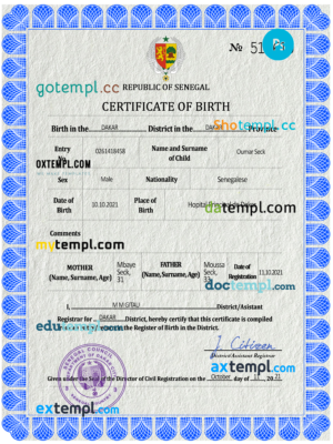 editable template, Senegal birth certificate PSD template, completely editable