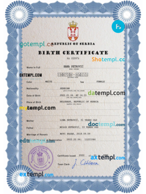 editable template, Serbia vital record birth certificate PSD template, fully editable