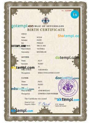 editable template, Seychelles vital record birth certificate PSD template
