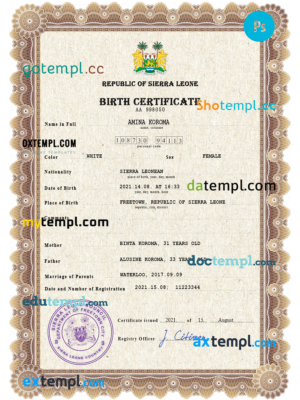 editable template, Sierra Leone vital record birth certificate PSD template, fully editable