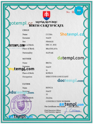 editable template, Slovakia birth certificate PSD template, completely editable