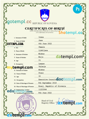 editable template, Slovenia birth certificate PSD template, completely editable