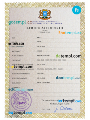 editable template, Somalia vital record birth certificate PSD template