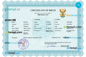 editable template, South Africa birth certificate PSD template, completely editable