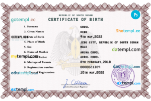editable template, South Sudan birth certificate PSD template, completely editable