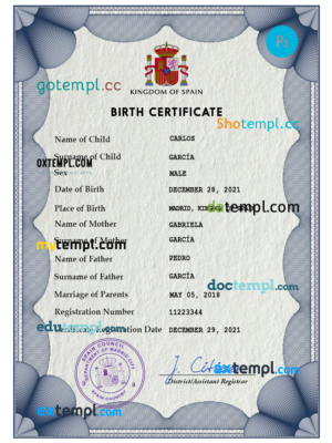 editable template, Spain vital record birth certificate PSD template, fully editable