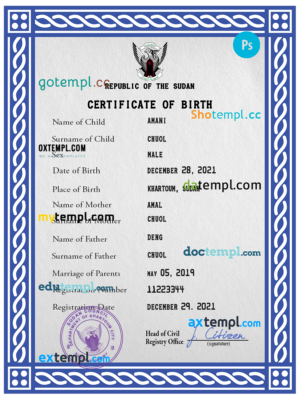 editable template, Sudan vital record birth certificate PSD template