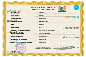 editable template, Suriname birth certificate PSD template, completely editable