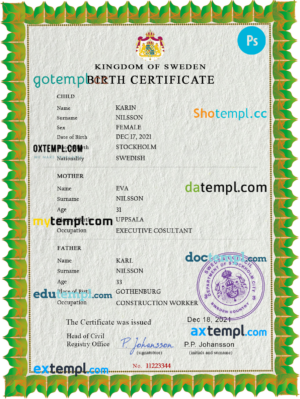editable template, Sweden vital record birth certificate PSD template, fully editable