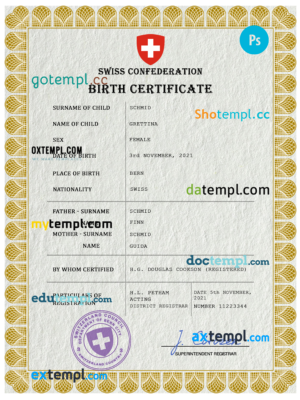 editable template, Switzerland vital record birth certificate PSD template