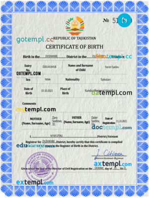 editable template, Tajikistan vital record birth certificate PSD template