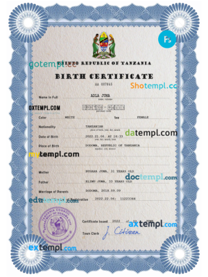 editable template, Tanzania birth certificate PSD template, completely editable