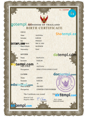 editable template, Thailand vital record birth certificate PSD template, fully editable