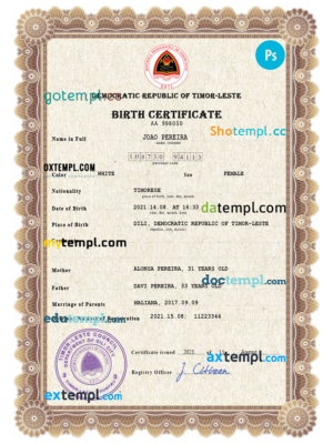editable template, Timor-Leste vital record birth certificate PSD template
