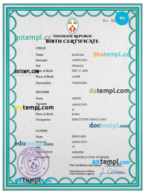 editable template, Togo birth certificate PSD template, completely editable