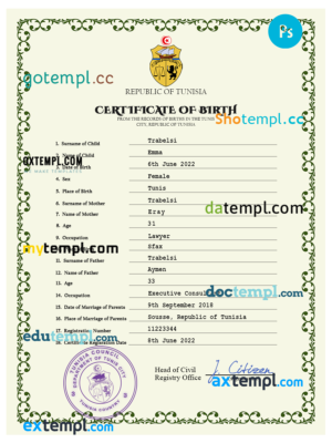 editable template, Tunisia vital record birth certificate PSD template