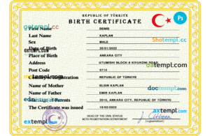 editable template, Turkey birth certificate PSD template, completely editable