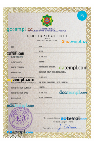 editable template, Turkmenistan vital record birth certificate PSD template, fully editable